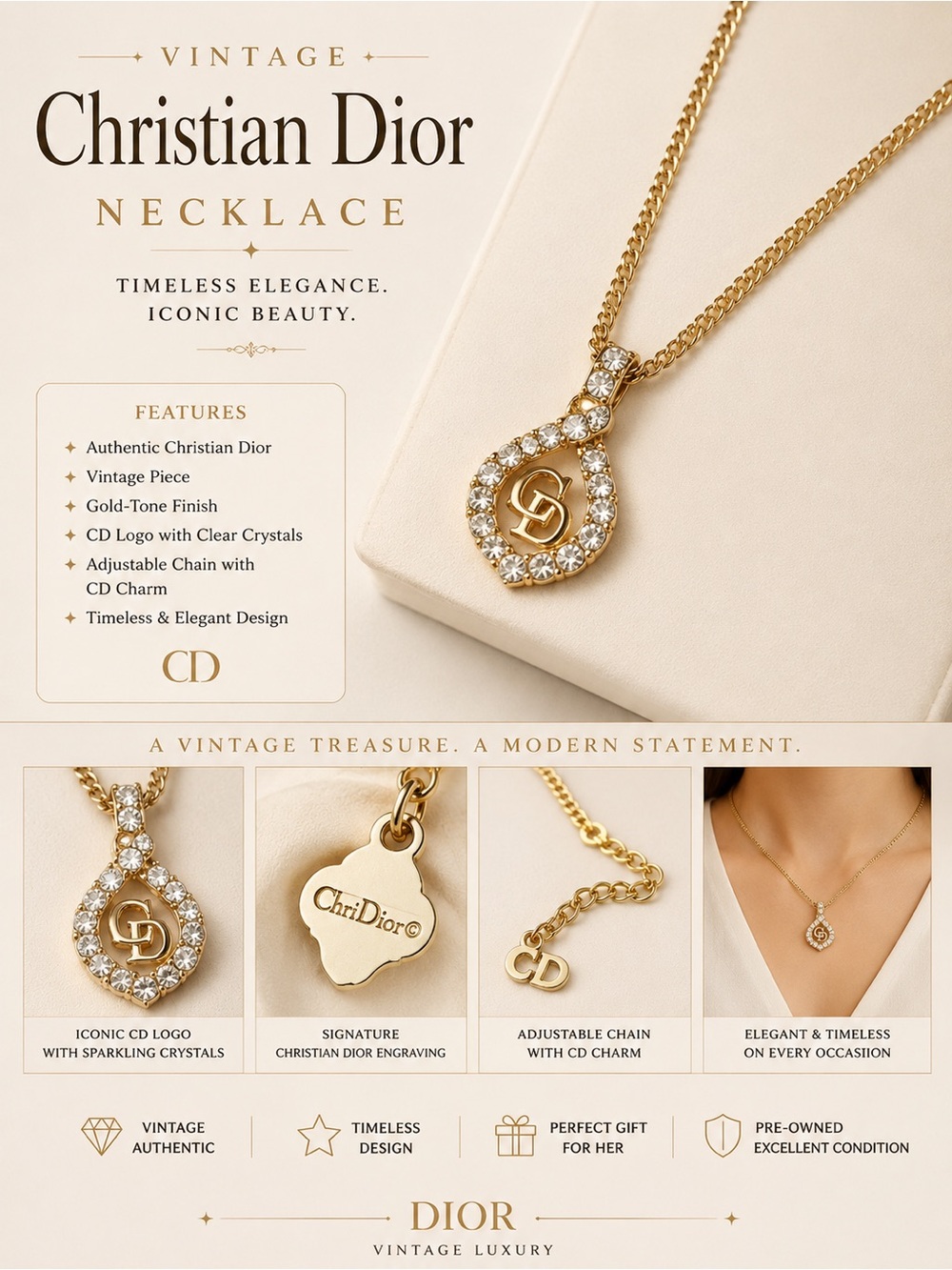 Dior Gold-plated Crystal CD Pendant Necklace - No call outs with COA